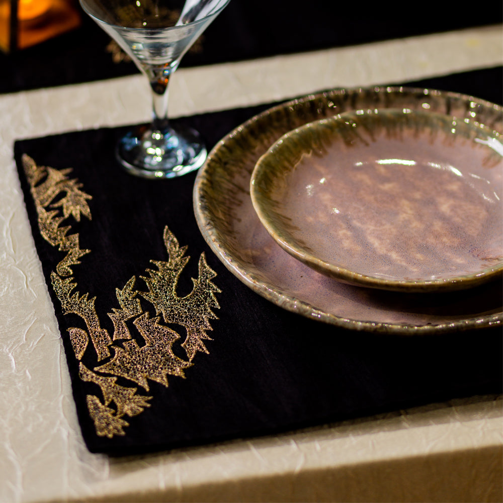 Black Embroidered Table Runner With Mats (Set Of 6)