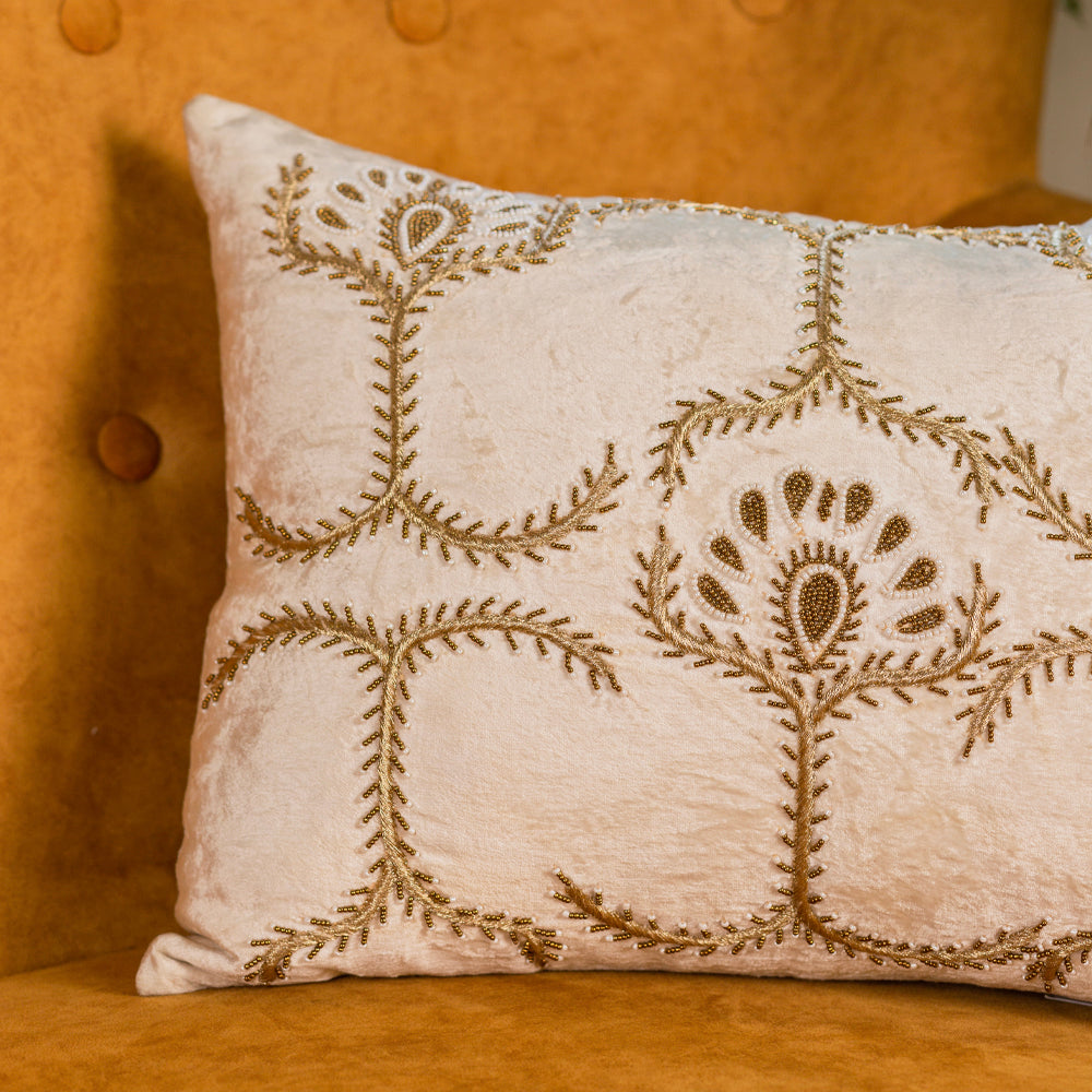 White velvet floral embroidered cushion cover