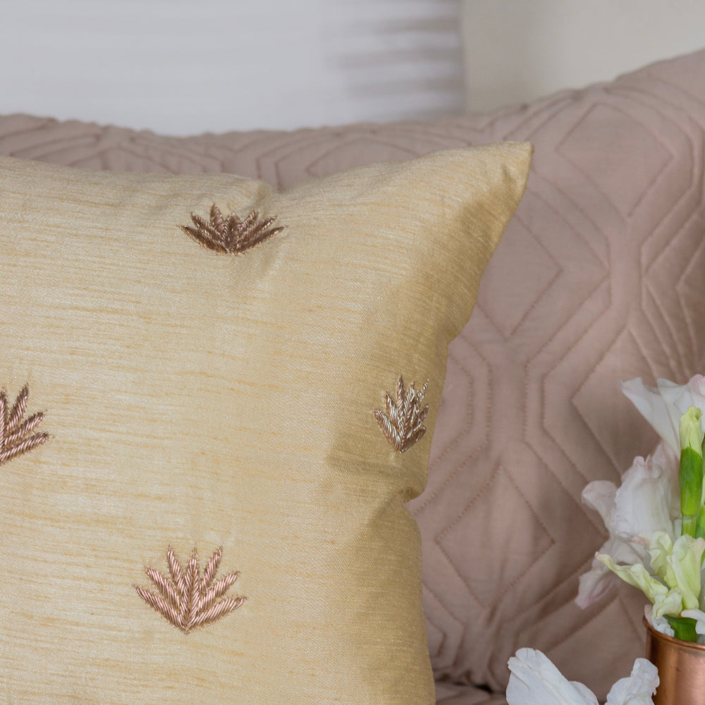 Beige Silk Lotus Hand Embroidered Cushion