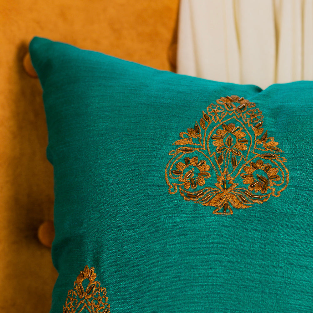 Deep Green Embroidered Cushion Cover