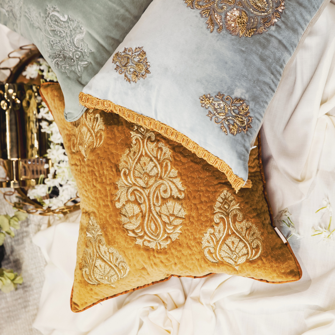 Sky Velvet Zardozi Cushion Cover