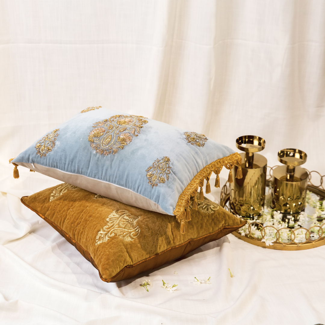 Sky Velvet Zardozi Cushion Cover