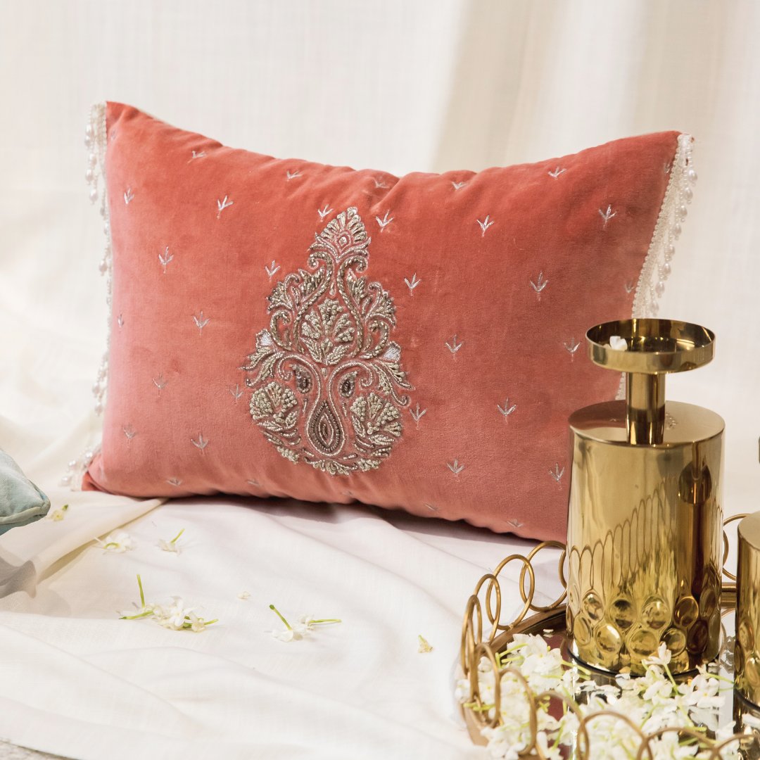 Blush Velvet Zardozi Cushion