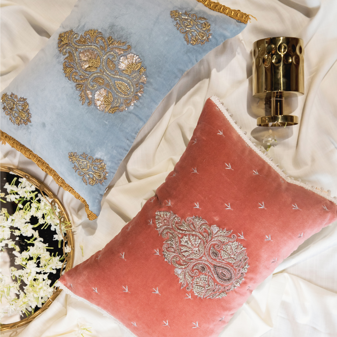 Blush Velvet Zardozi Cushion