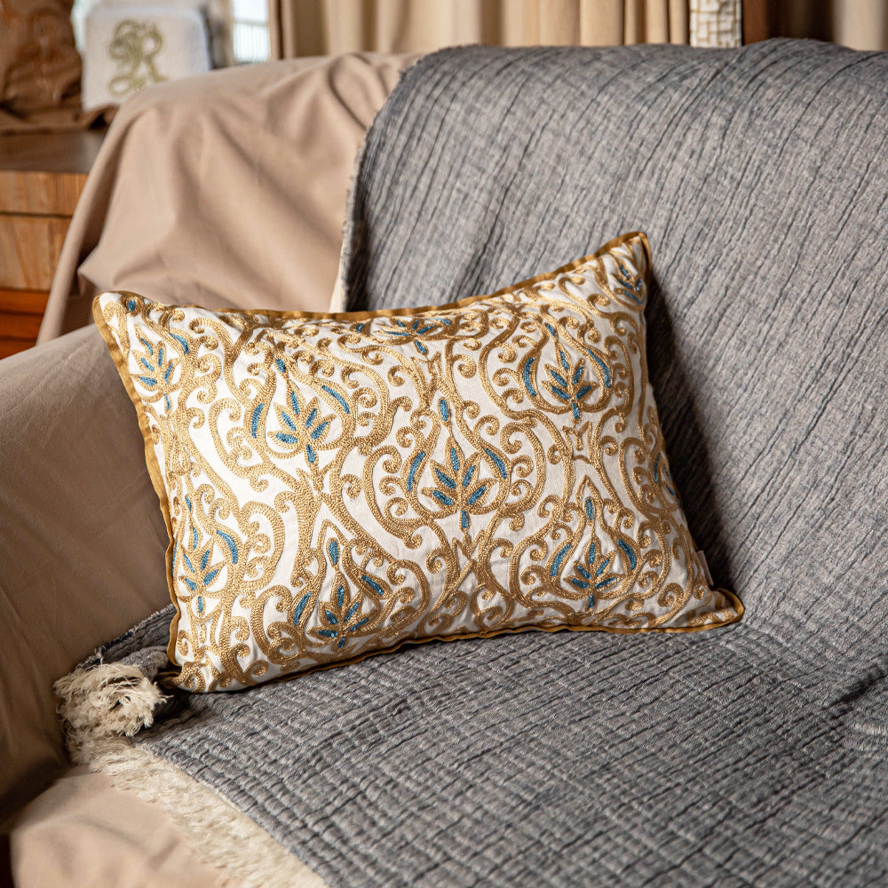Floral Embroidered Lumbar Cushion Cover