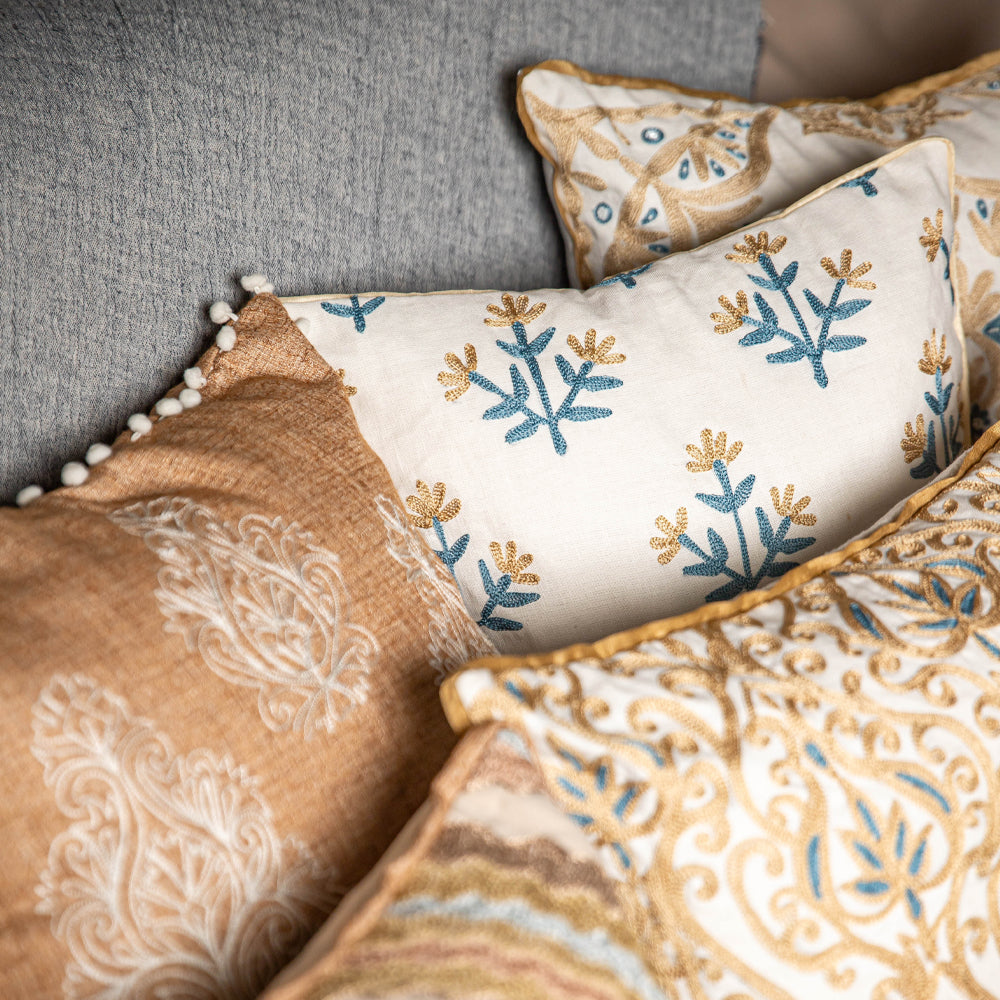Beige & Blue Floral Embroidered Cushion Cover