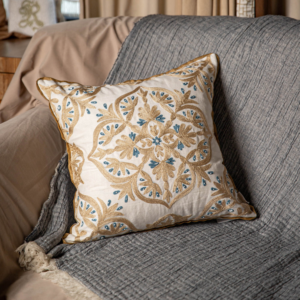 Beige Embroidered Mandala Cushion Cover