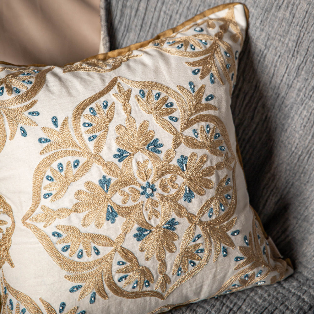 Beige Embroidered Mandala Cushion Cover