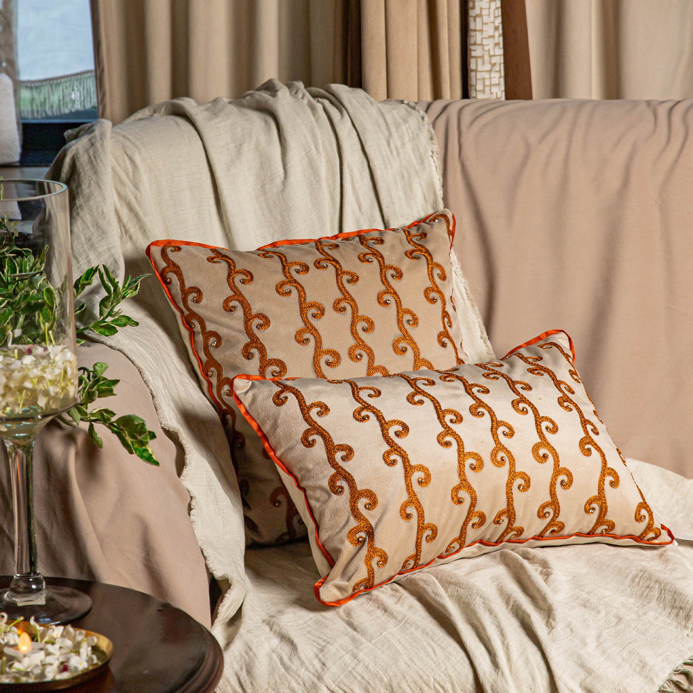 Beige Paisley Embroidered Cushion Cover
