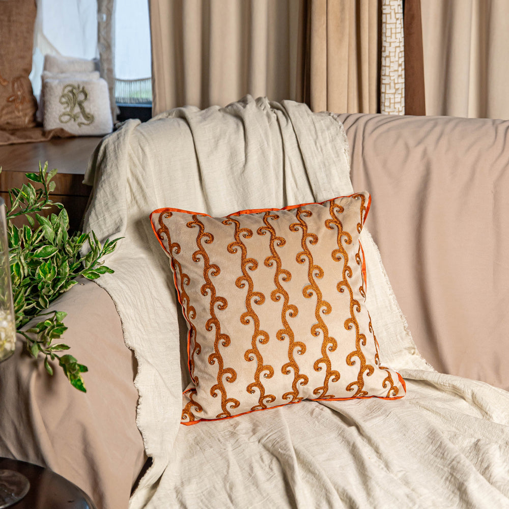 Beige Paisley Embroidered Cushion Cover