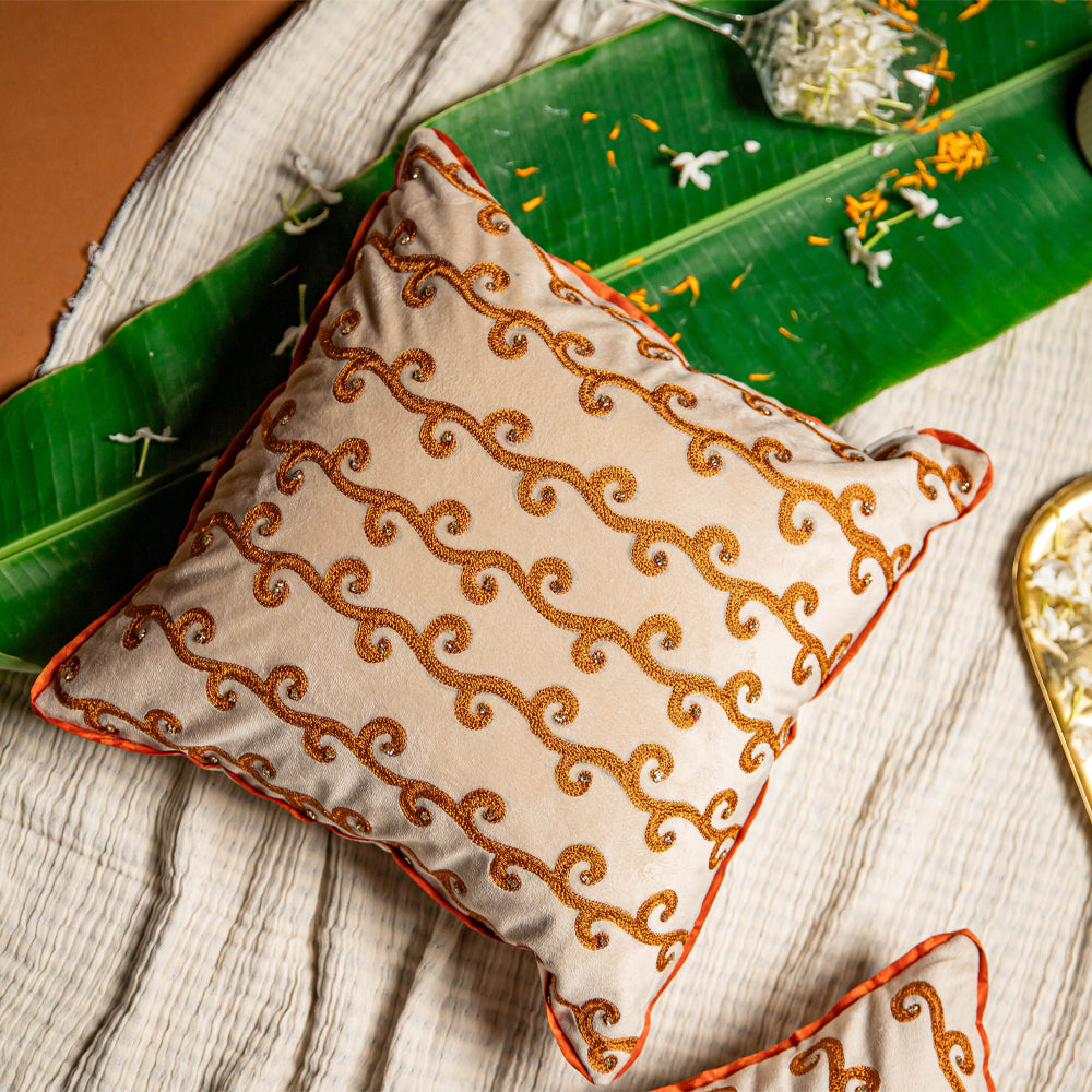 Beige Paisley Embroidered Cushion Cover