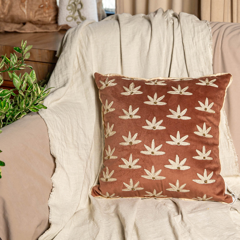 Brown Suede Embroidered Cushion Cover