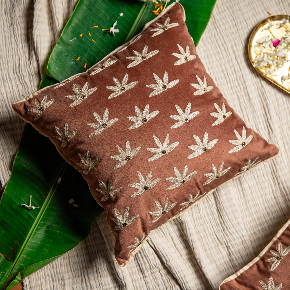Brown Suede Embroidered Cushion Cover