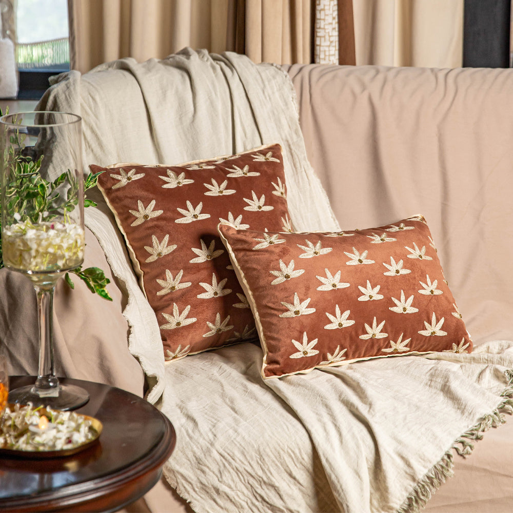 Brown Suede Embroidered Lumbar Cushion