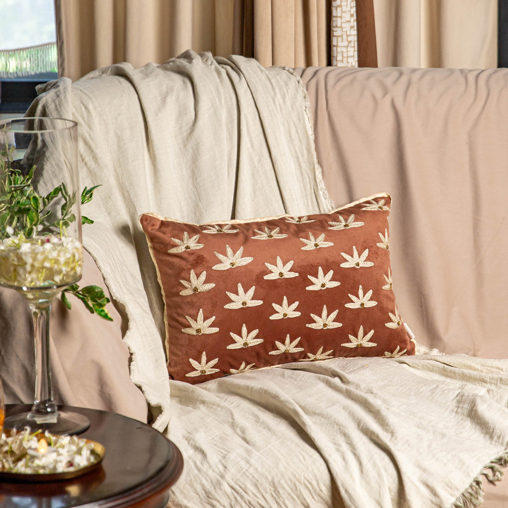 Brown Suede Embroidered Lumbar Cushion