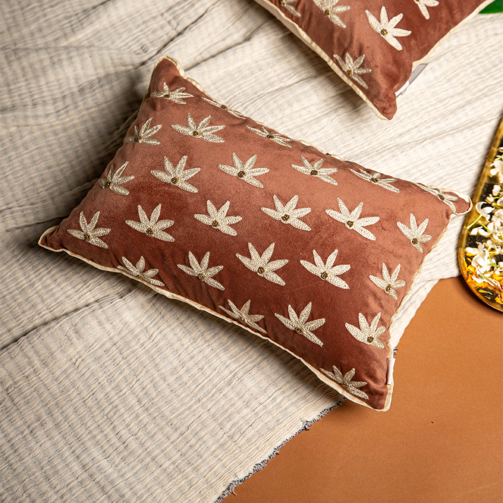 Brown Suede Embroidered Lumbar Cushion