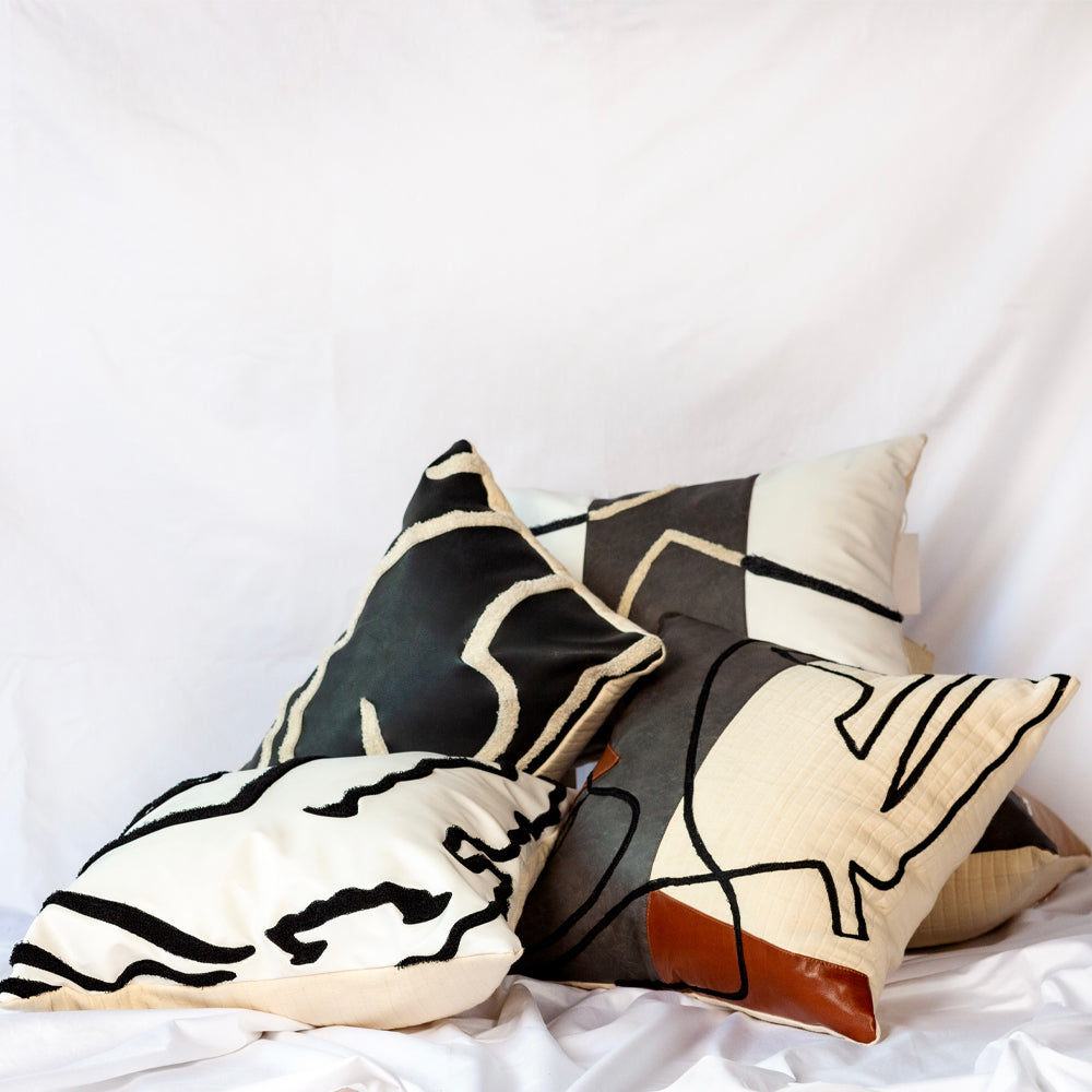 Black Embroidered Leatherette Cushion Cover