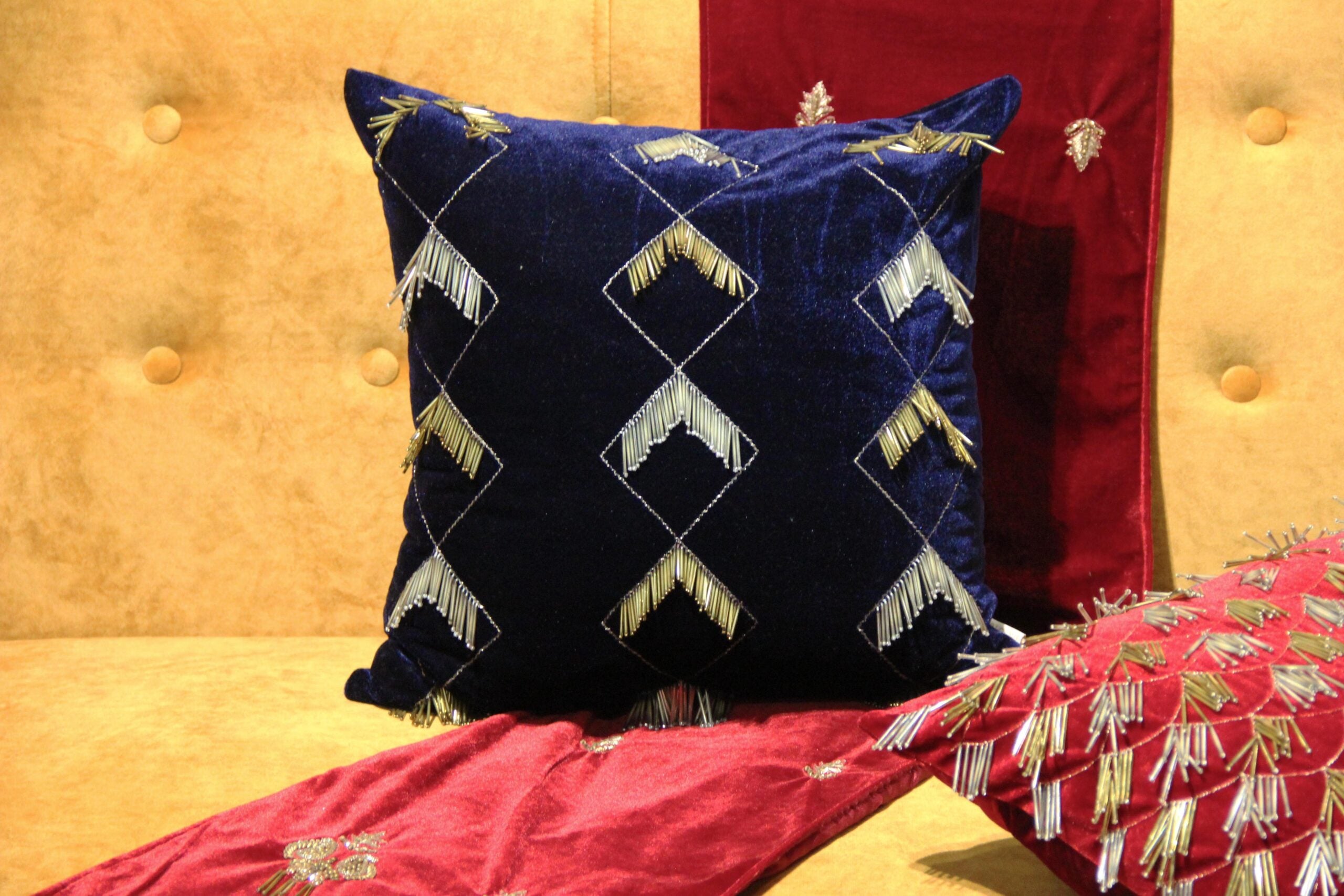 Navy velvet fringe cushion cover