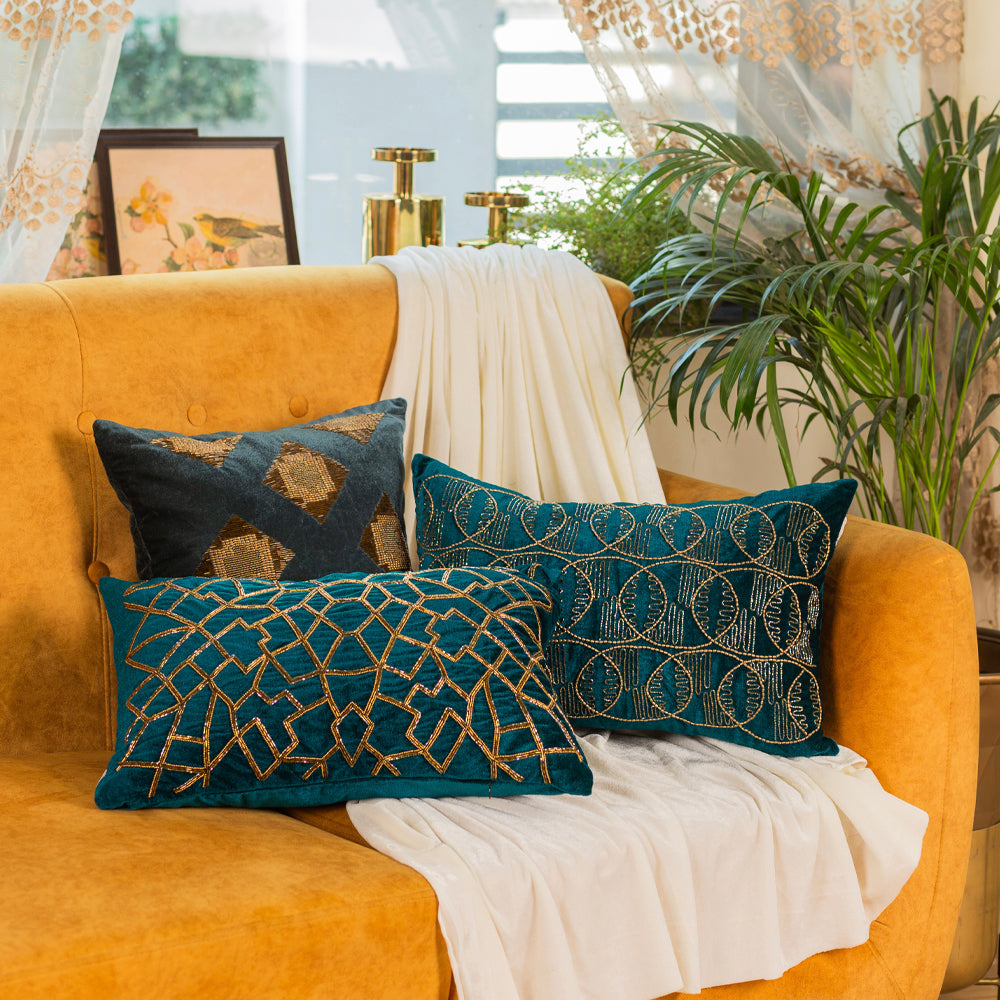 Green velvet Geometrical Embroidered cushion cover