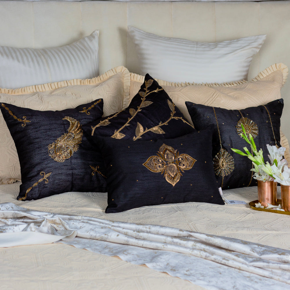Black silk embroidered cushion cover