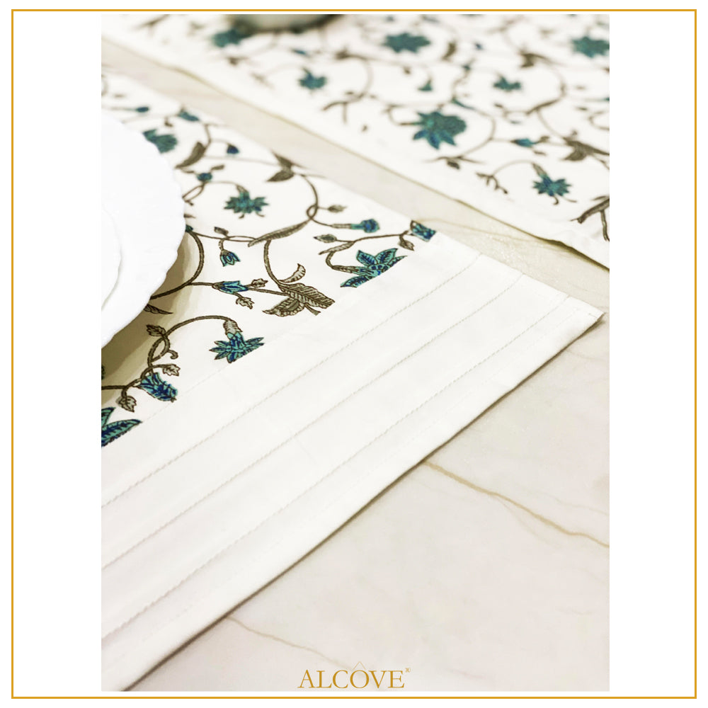 White Floral Block Printed table runner with table mats (set of 6)