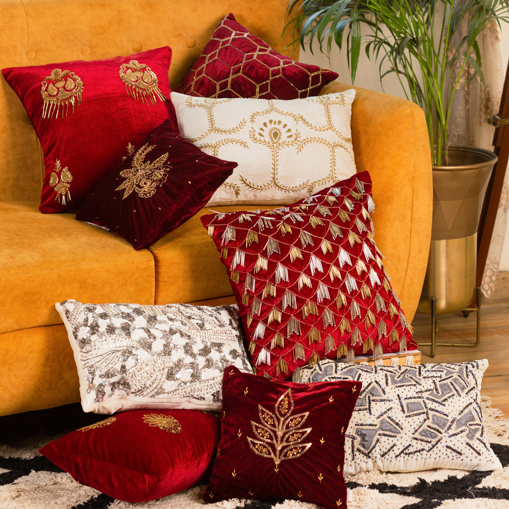 Red Sequence Embroidered Decorative Cushion