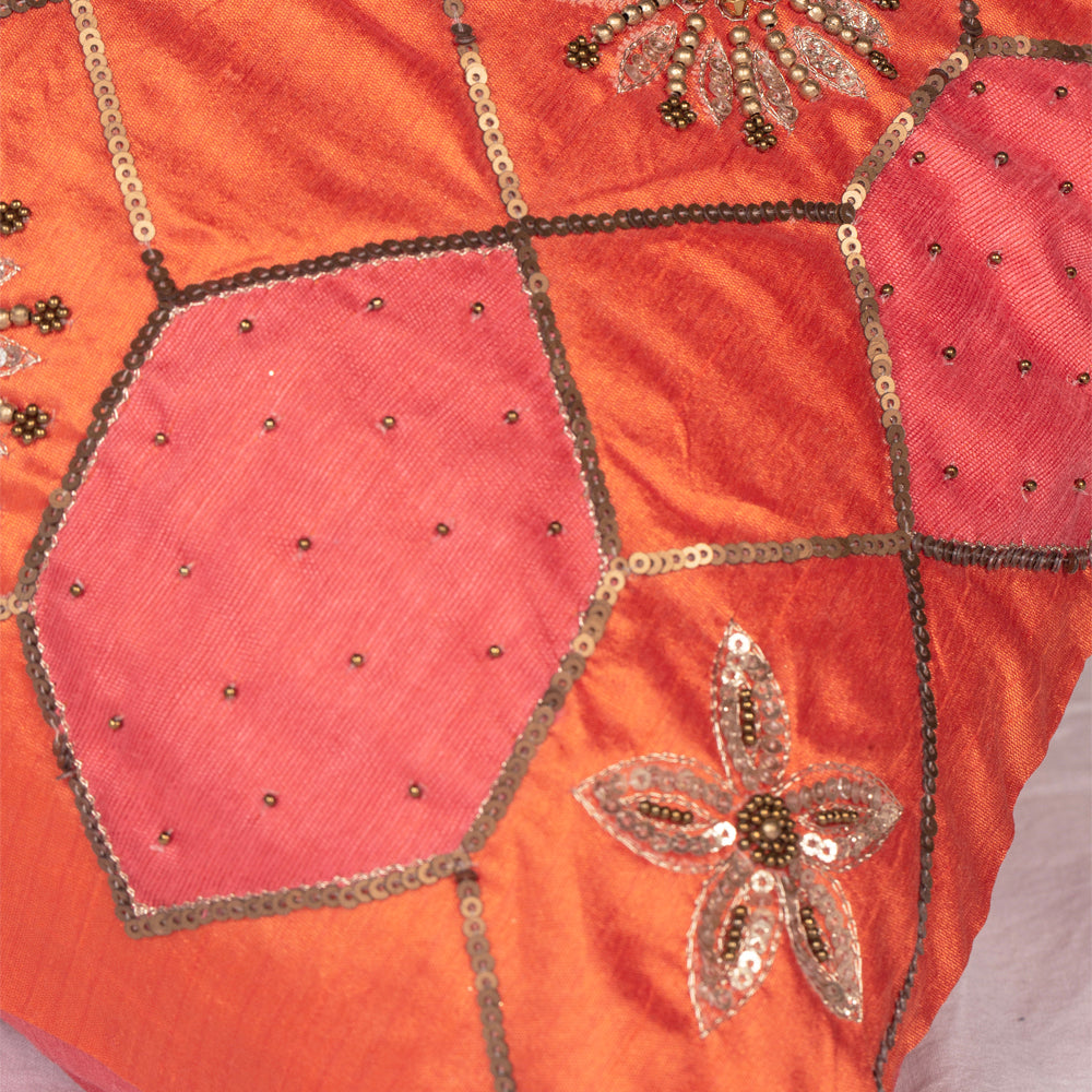 Pink patch work embroidered cushion cover
