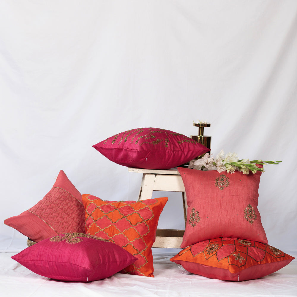 Pink patch work embroidered cushion cover