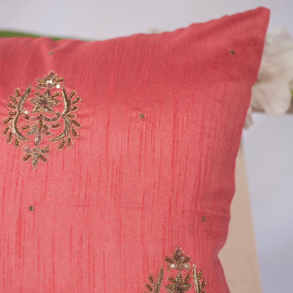 Pink Silk Zardozi Cushion Cover