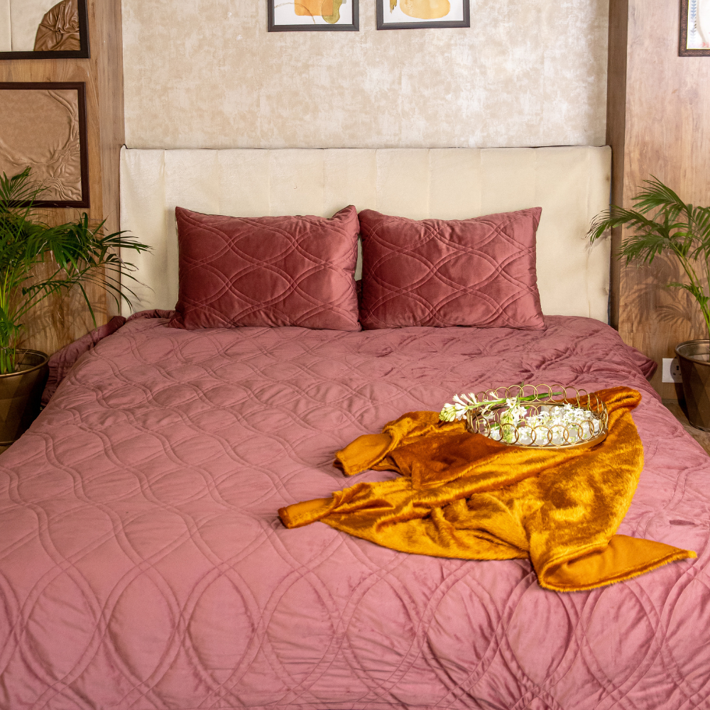 Pink Luxurious Velvet  Reversible Bedspread (set of 3)