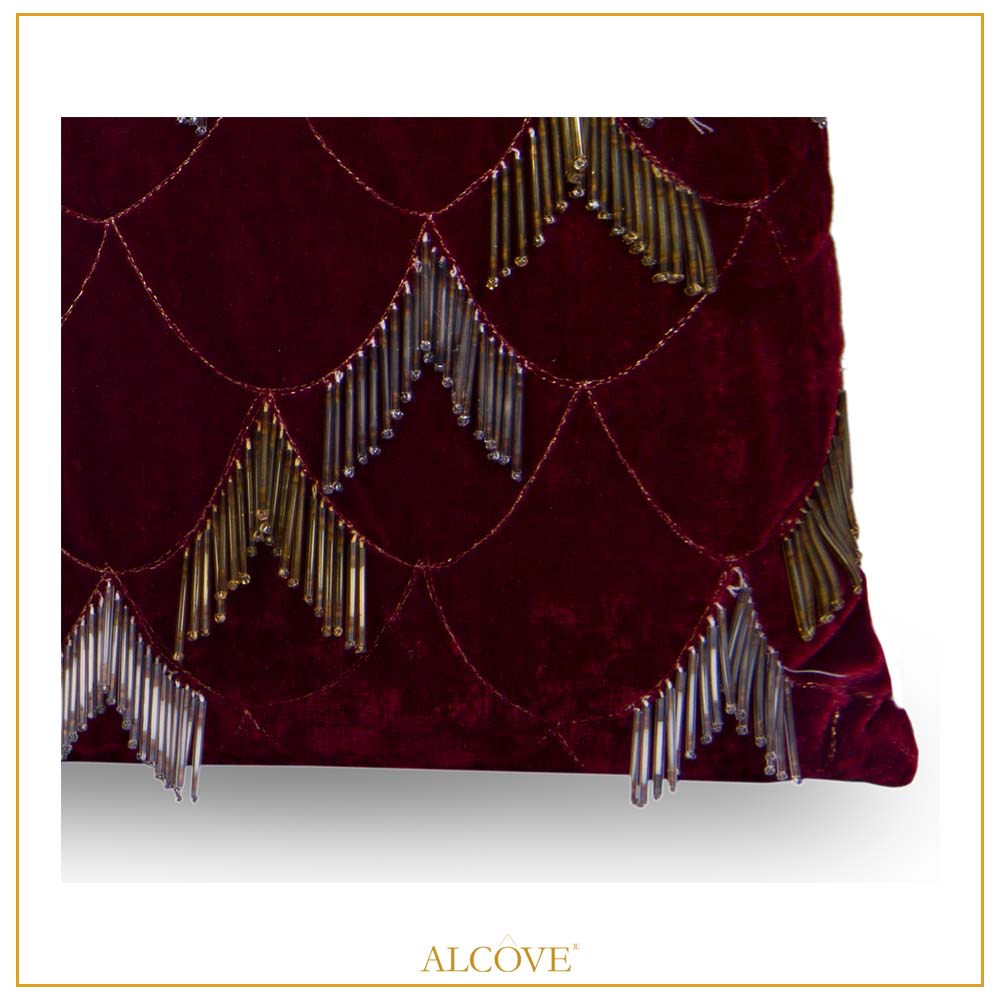 Red velvet fringe cushion cover