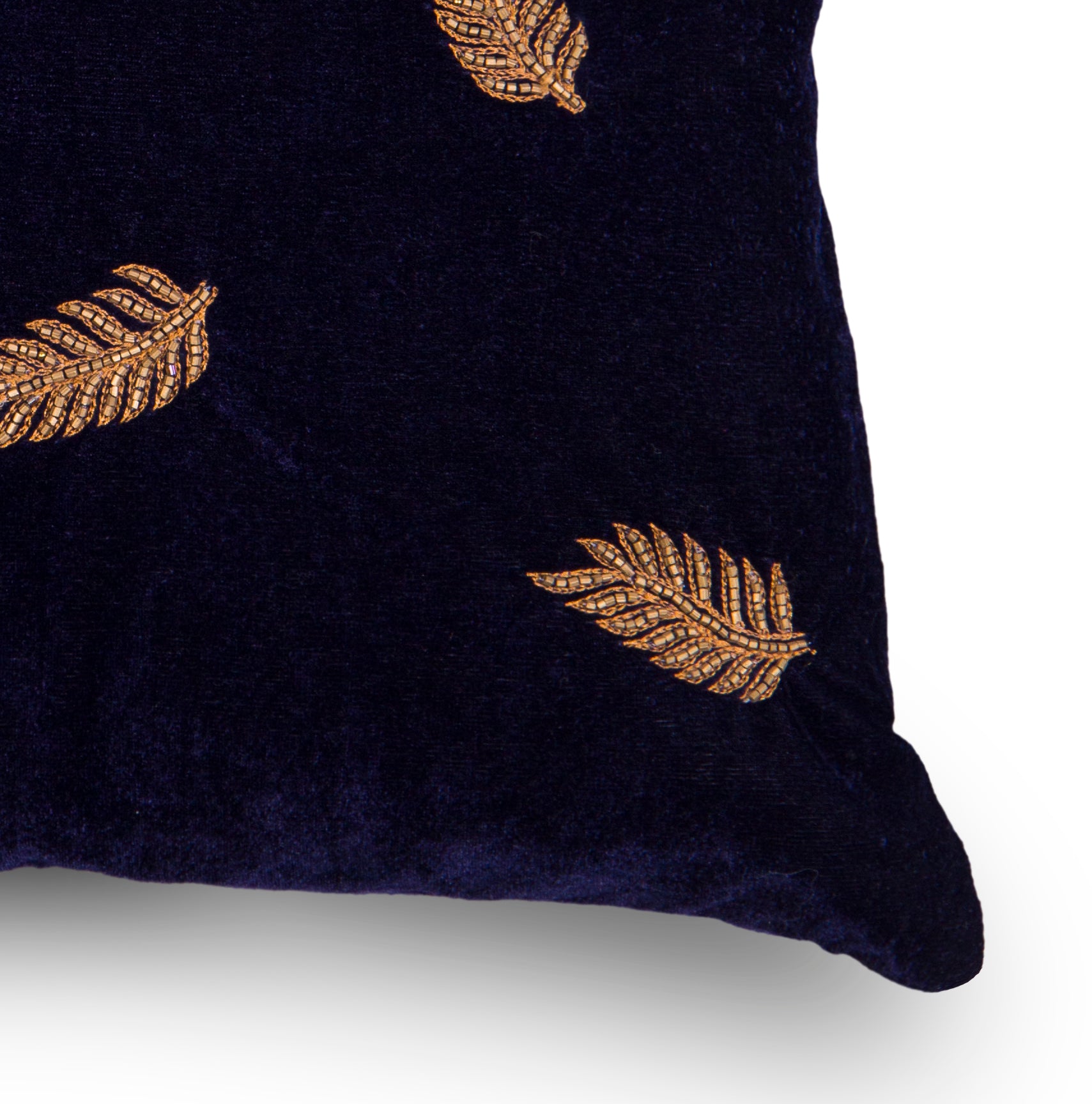 Navy foliage embroidered cushion