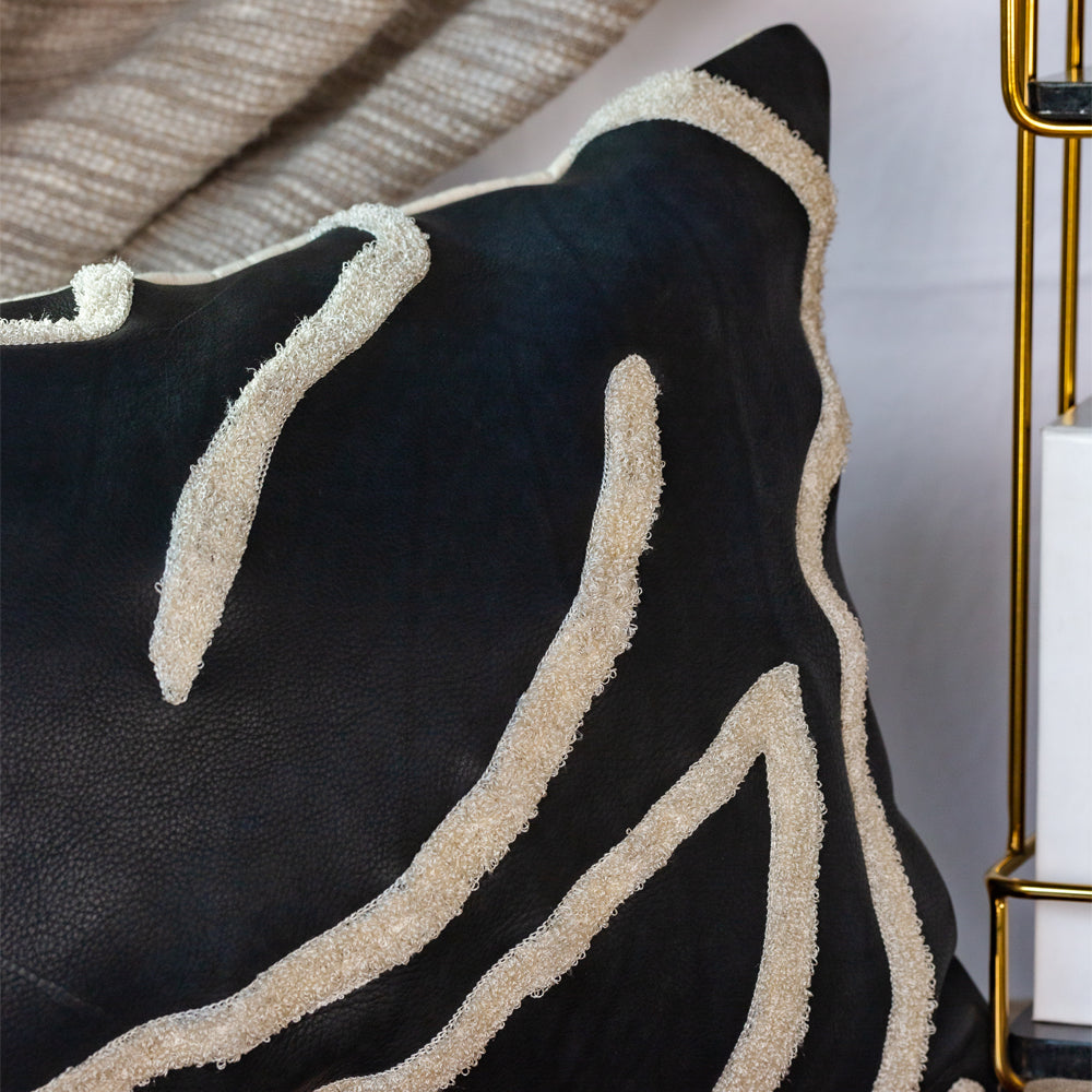 Black Embroidered Leatherette Cushion Cover