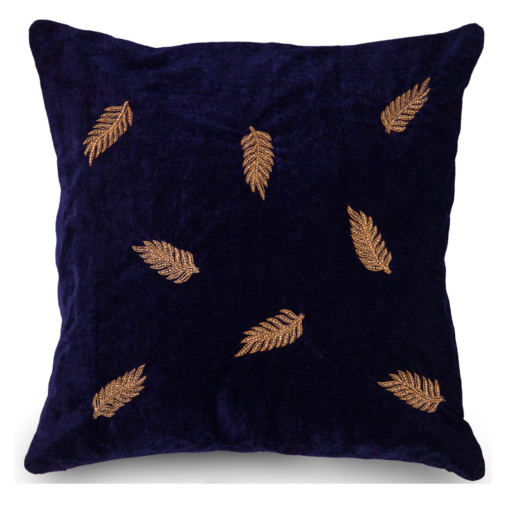Navy foliage embroidered cushion