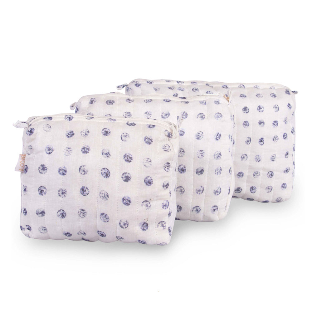 Navy polka dot quilted pouches (set of 3)