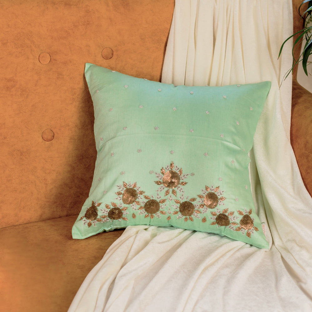 Mint floral embroidered cushion cover