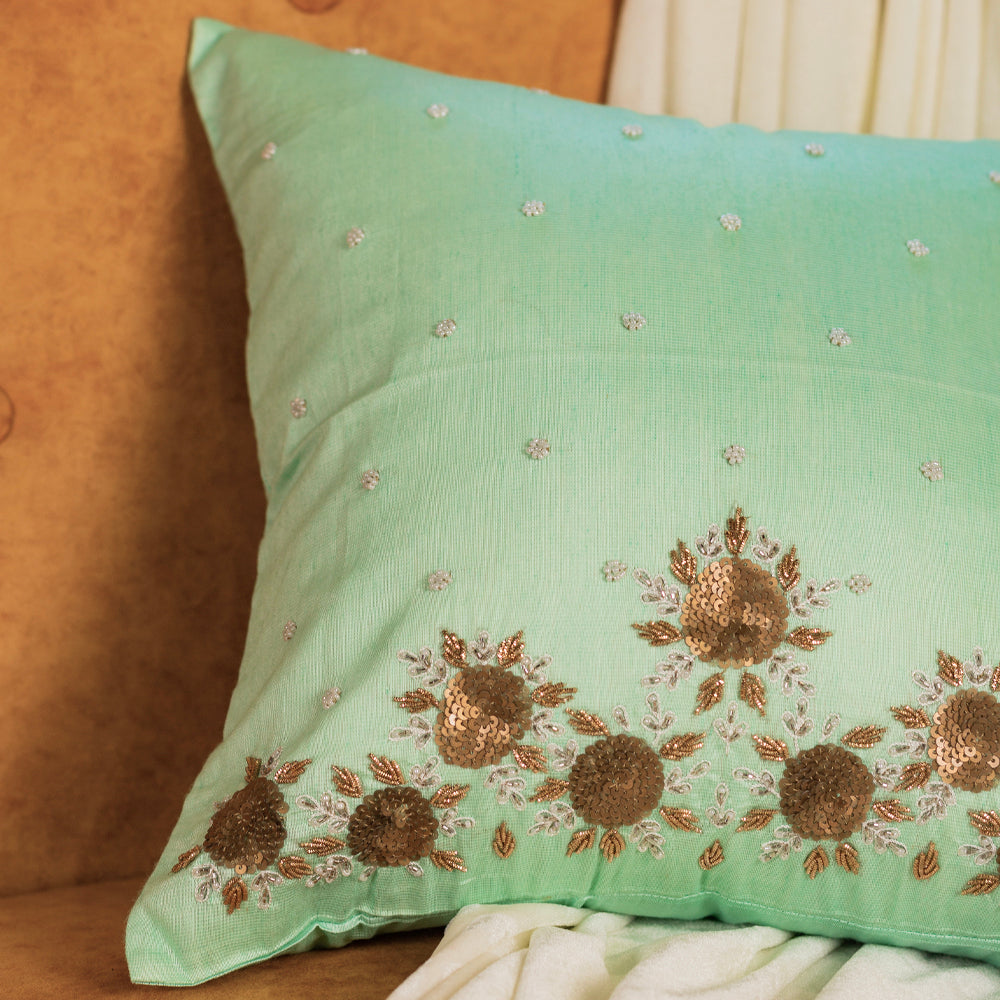 Mint floral embroidered cushion cover
