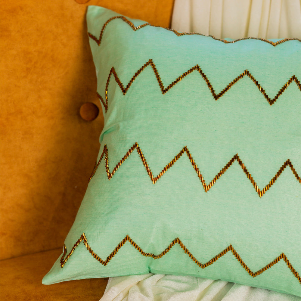 Mint chevron embroidered cushion cover