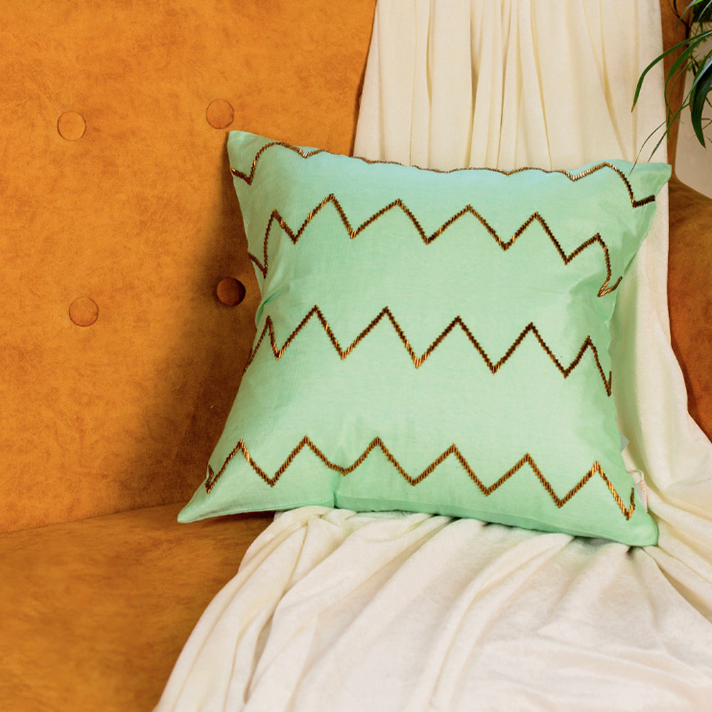 Mint chevron embroidered cushion cover