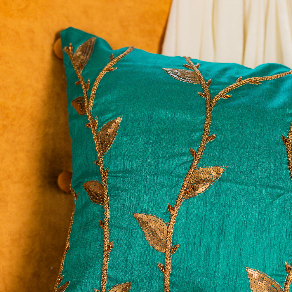 Green Silk Branches Cushion Cover