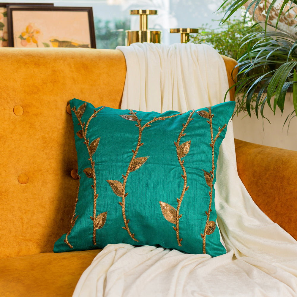 Green Silk Branches Cushion Cover