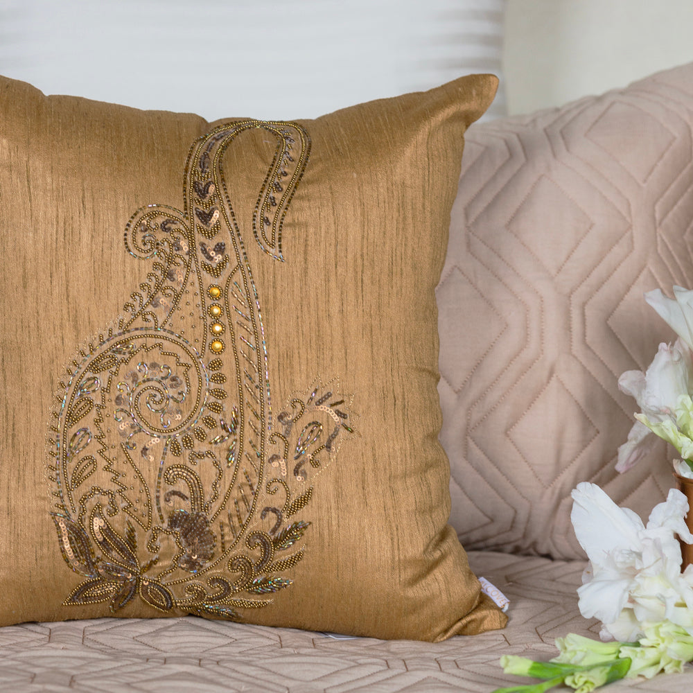 Beige Embroidered Cushion Cover