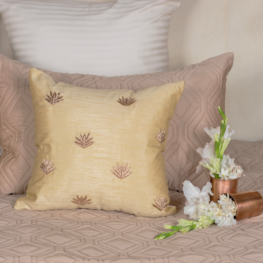 Beige Silk Lotus Hand Embroidered Cushion