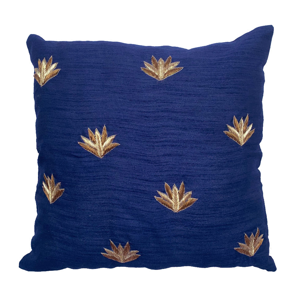 Navy Silk Lotus Embroidered Cushion Cover