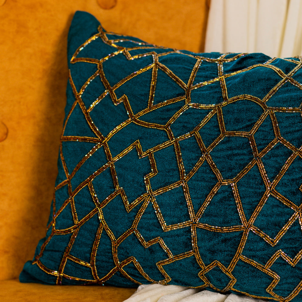 Teal green Geometric embroidered cushion cover