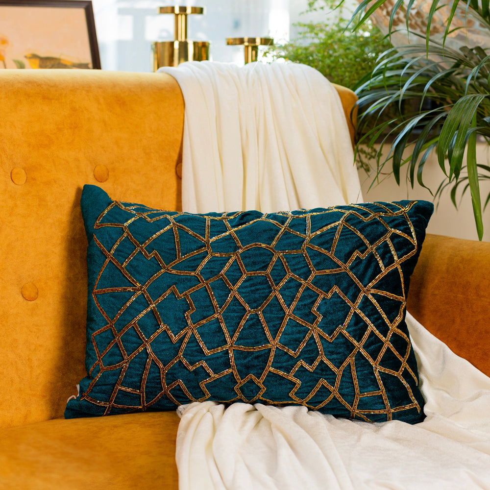 Teal green Geometric embroidered cushion cover