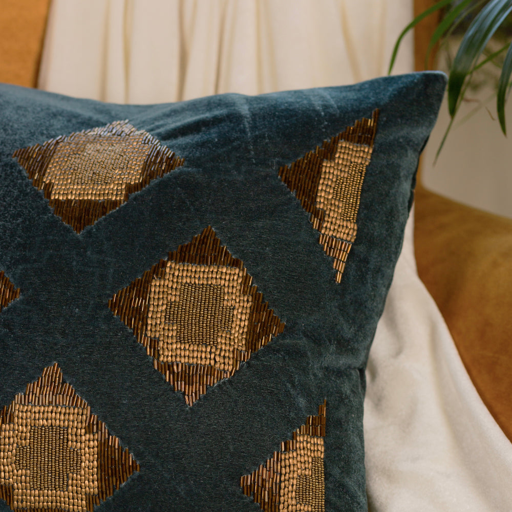 Green velvet Geometrical Embroidered cushion cover