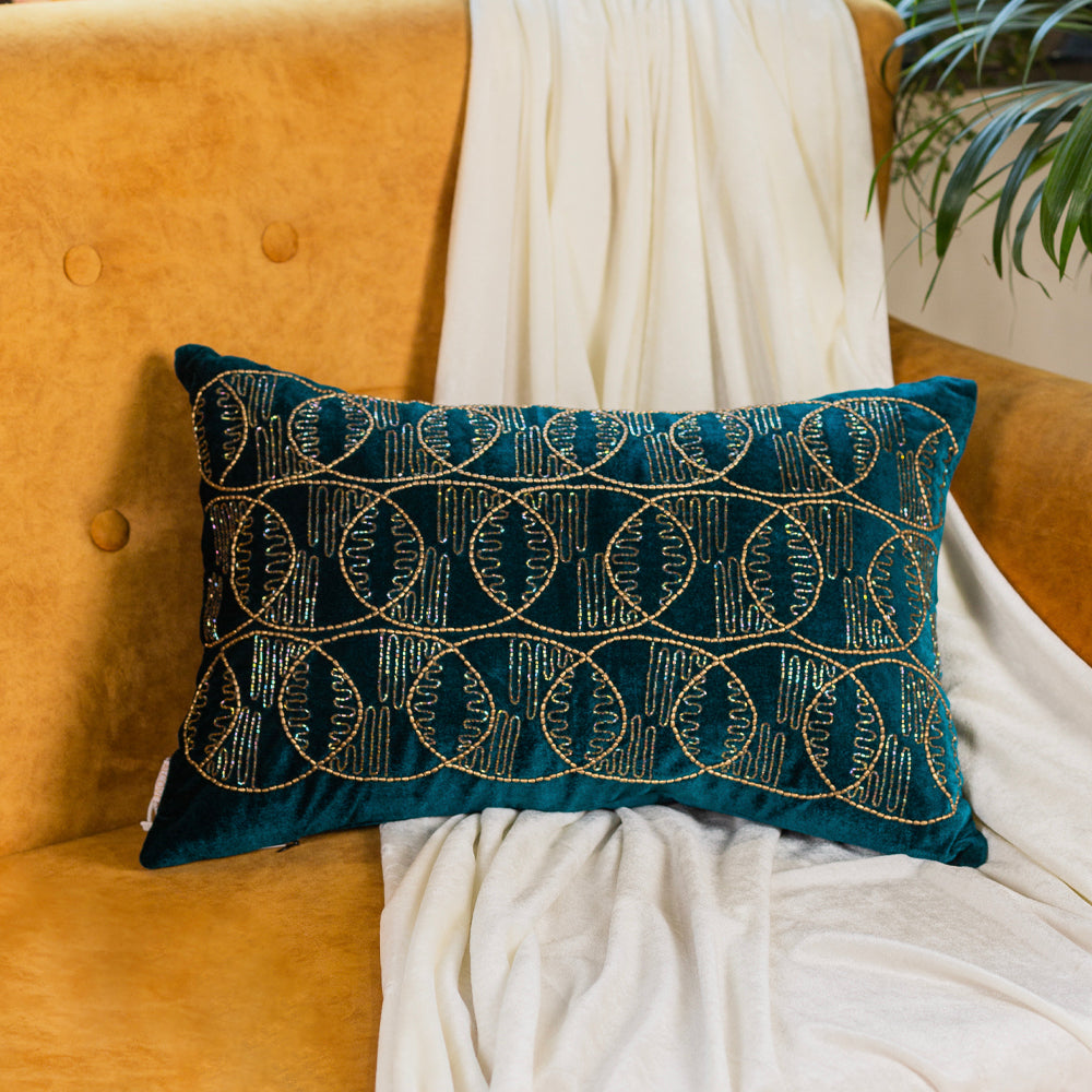 Teal green circles embroidered cushion cover
