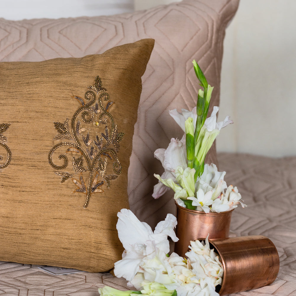 Beige Beaded Cushion Cover
