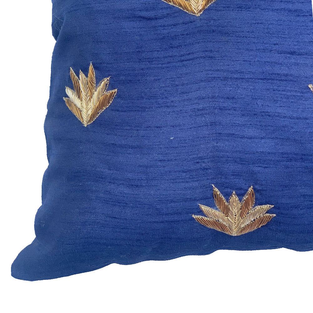 Navy Silk Lotus Embroidered Cushion Cover
